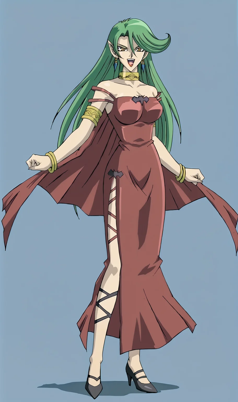 Camula, 1girl, solo, green hair, long hair, orange eyes, lipstick, red dress, strap slip, gold choker, armlet, strap slit, earrings, strappy heels, bracelets, full body, looking at viewer, smile, open mouth, simple background, <lora:Camula Pony XL:1>