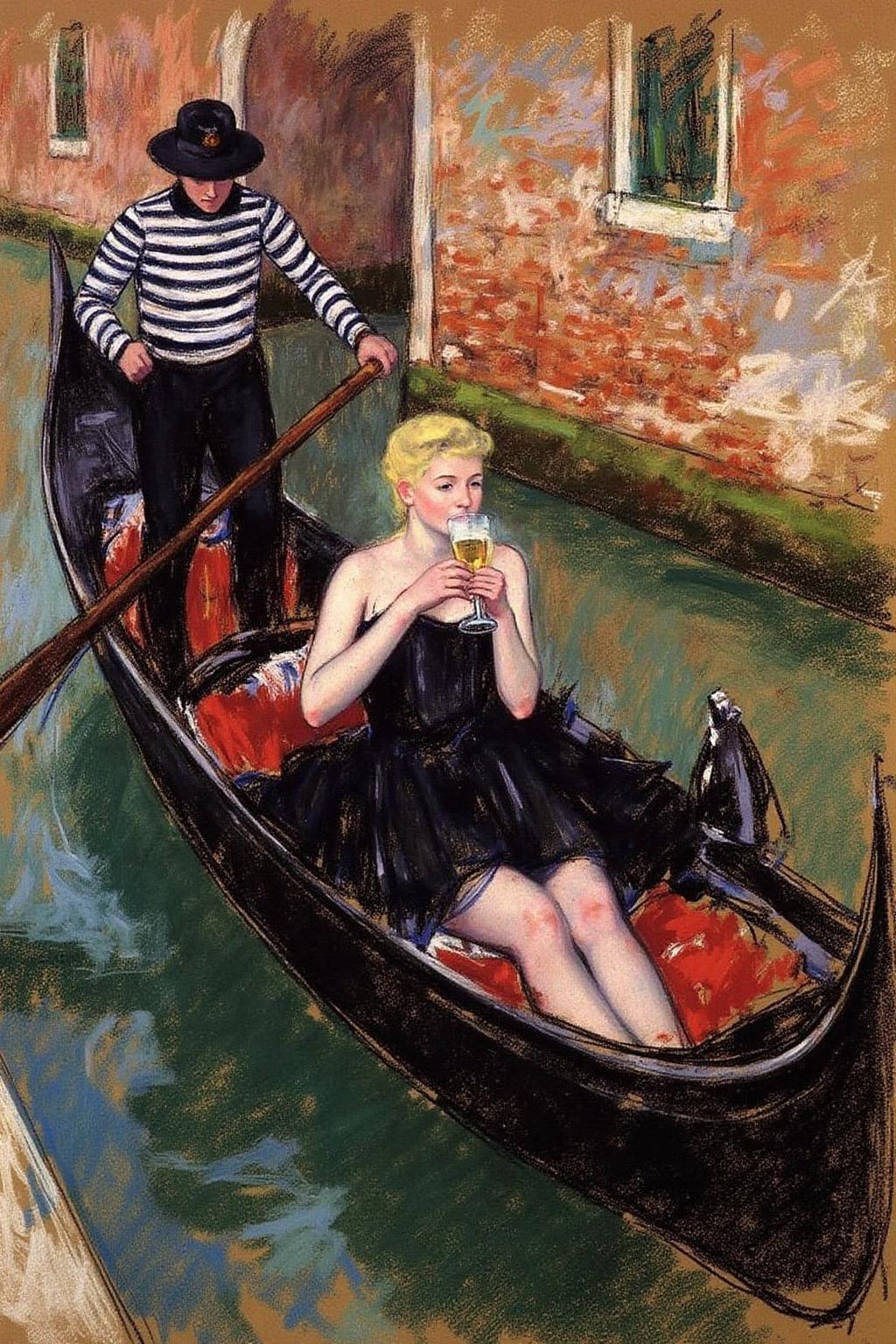 marycassatt2 drawing.
a blonde woman sitting in a gondola as it glides along a narrow canal. She is dress in a black little dress and driking champain. There is a gondolier wearing a boater hat guiding the gondola. <lora:marycassatt2_cap_d6a3:1.0><lora:840616535669341285:0>