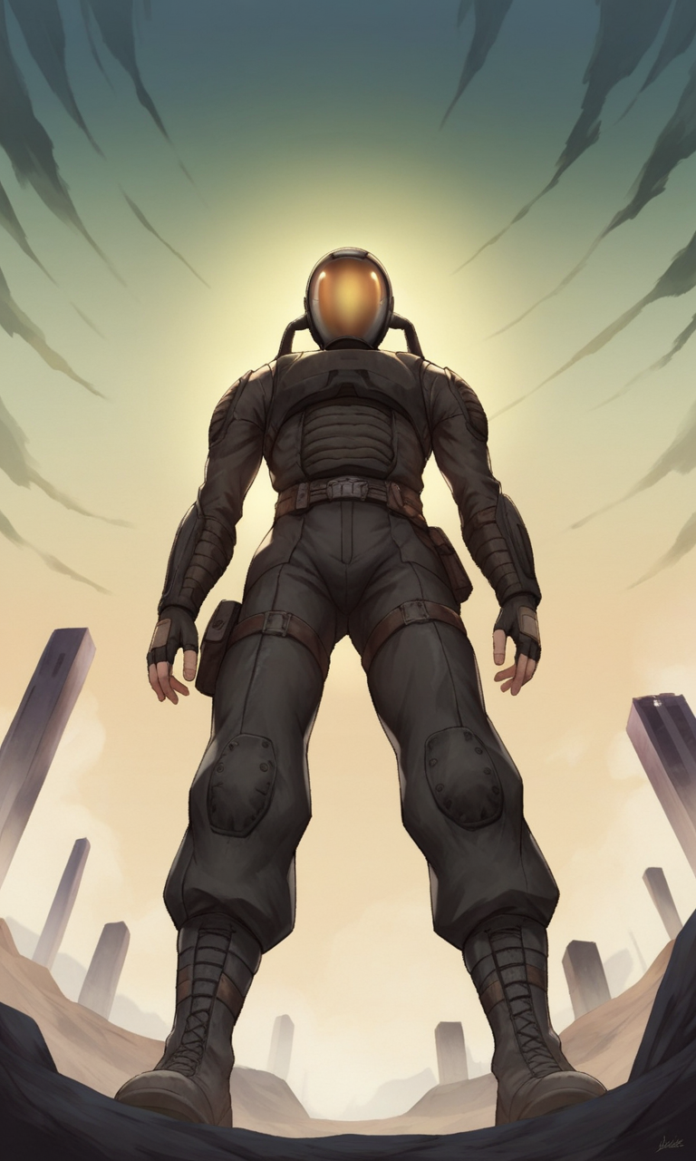 anime artwork score_9, score_8_up, score_7_up, score_6_up, BREAK source_anime, soft lineart, 1boy, view from below, glavakolhoza_sevasuit, sci-fi suit, helmet, standing, relaxed pose, post-apocalyptic landscape, post-apocalyptic city, <lora:glavakolhoza_sevasuit:0.7>, looking down at viewer . anime style, key visual, vibrant, studio anime,  highly detailed