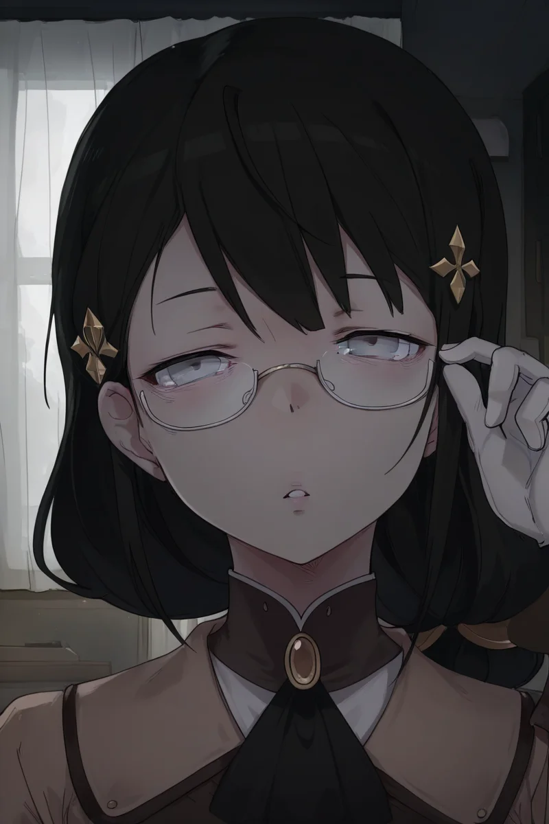 masterpiece, best quality, amazing quality,
<lora:YB_IL:1> yb, 1girl, glasses, gloves, black hair, hair ornament, look at viewer, grey eyes, solo, curtains, semi-rimless eyewear, window, indoor, room, portrait