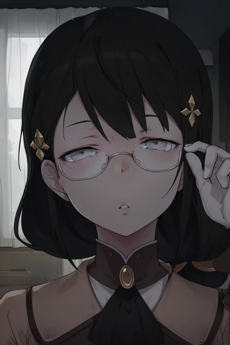masterpiece, best quality, amazing quality,
<lora:YB_IL:1> yb, 1girl, glasses, gloves, black hair, hair ornament, look at viewer, grey eyes, solo, curtains, semi-rimless eyewear, window, indoor, room, portrait