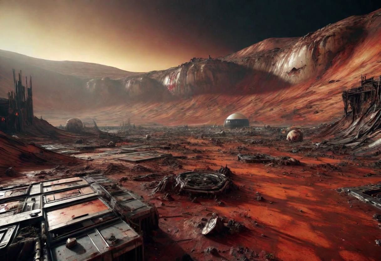 EdobHorrorLandscape,
A landscape of a deserted mars base,
hopeless, nightmare, 
trash, corpses, blood,
HDR, HD textures, intricated details, 8k,