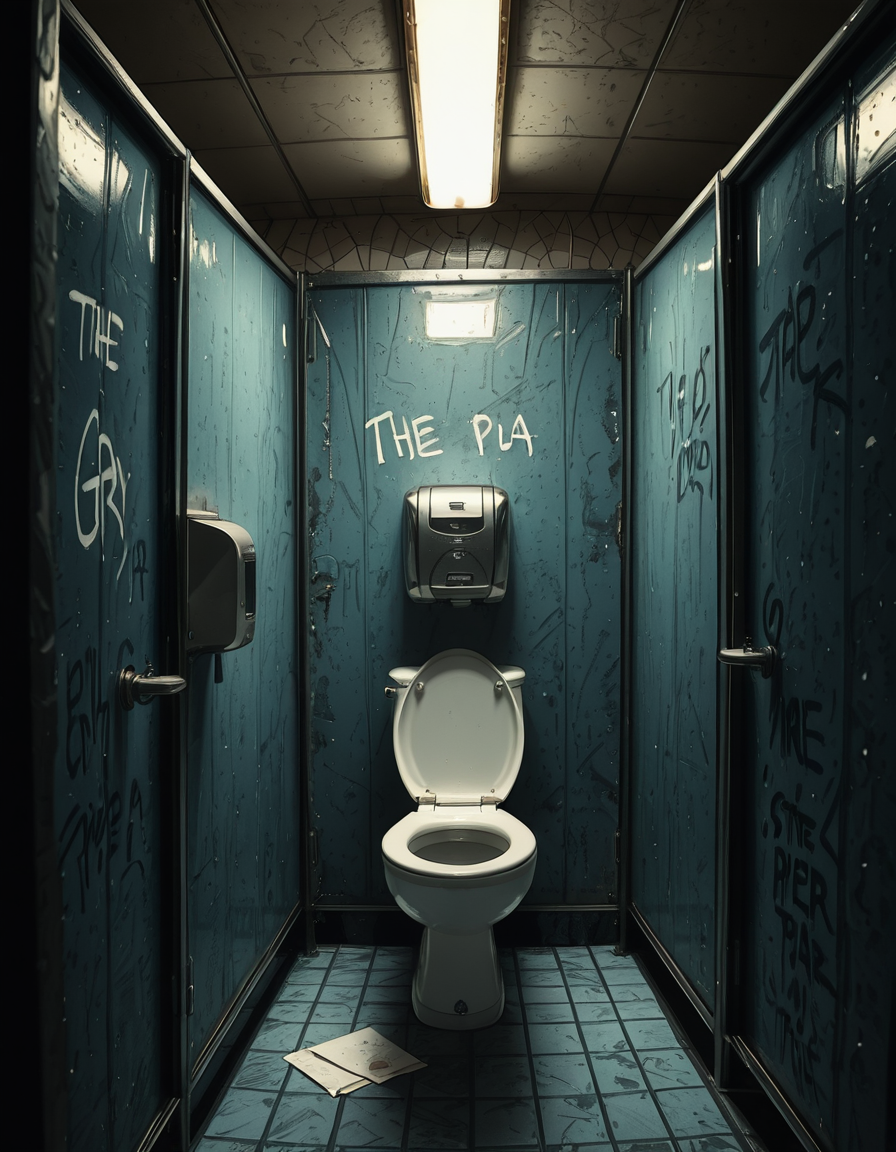 A highly realistic, detailed photograph of a public restroom stall from a human eye-level perspective. The stall is constructed with dull, light gray metal partitions showing subtle scratches and wear from years of use. The door is slightly ajar, with a simple metal latch and a small gap visible at the bottom and top of the door. Inside the stall, there is a standard white ceramic toilet with a chrome flush handle, positioned against a wall of white, slightly aged subway tiles. The floor is covered with small, dark gray hexagonal tiles, with faint reflections from the overhead fluorescent lighting. A single toilet paper dispenser made of stainless steel is mounted to the side wall, partially filled, with a torn sheet hanging loosely. The lighting is cool and sterile, casting soft shadows and emphasizing the slightly utilitarian, worn-out atmosphere of the space. Subtle details like faint graffiti scratched into the partition, a discarded paper towel near the floor, and small water stains near the base of the toilet contribute to the realistic, everyday public restroom feel. The photo is sharp, with a neutral color palette and an urban documentary style.
 <lora:SDXLFaeTastic2400:0.4> <lora:extremely_detailed:0.4> extremely detailed,<lora:public_restroom_st4ll_r2:1>,public restroom st4ll, Masterpiece,best quality,hi res,8k,hi res,8k,award winning,(sharp focus, intricate, highly detailed),