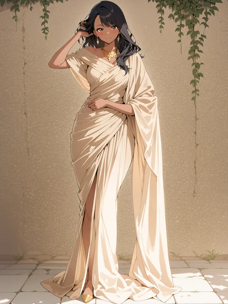 Anime,brown skin, perfect brown eyes, long black hair, side swept bangs, wearing a beige intricate sari, gold necklace, gold earrings, masterpiece, best quality, amazing quality, standing, hand in hair, looking at viewer, cute smile, outdoors, ivy covered stone floor, <lora:Tan_Pokemon_Anime_style_girl:1>