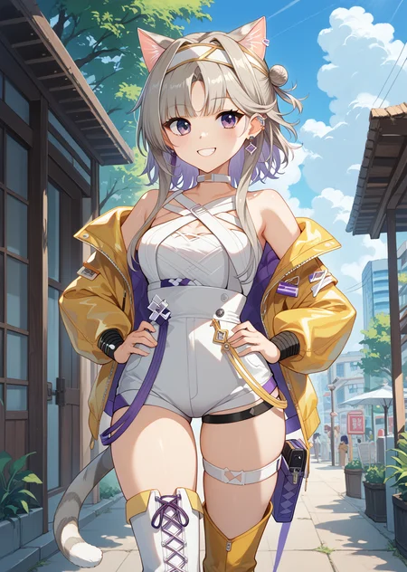 score_9, score_8_up, score_7_up, source_anime, 1girl, solo, <lora:Kazemaru_Arknights_Pony__2_Costumes_r1:1>, kazemarudef, animal ears, grey hair, cat ears, cat girl, extra ears, purple eyes, blunt bangs, ear clip, earring, cat tail, jacket, yellow jacket, asymmetrical footwear, boots, single thigh boot, choker, high-waist shorts, mismatched legwear, white boots, hair bun, single hair bun, single side bun, off shoulder, bare shoulders, open jacket, shorts, thigh strap, long sleeves, white leotard, white headband, hands on own hips, outdoors, smile,