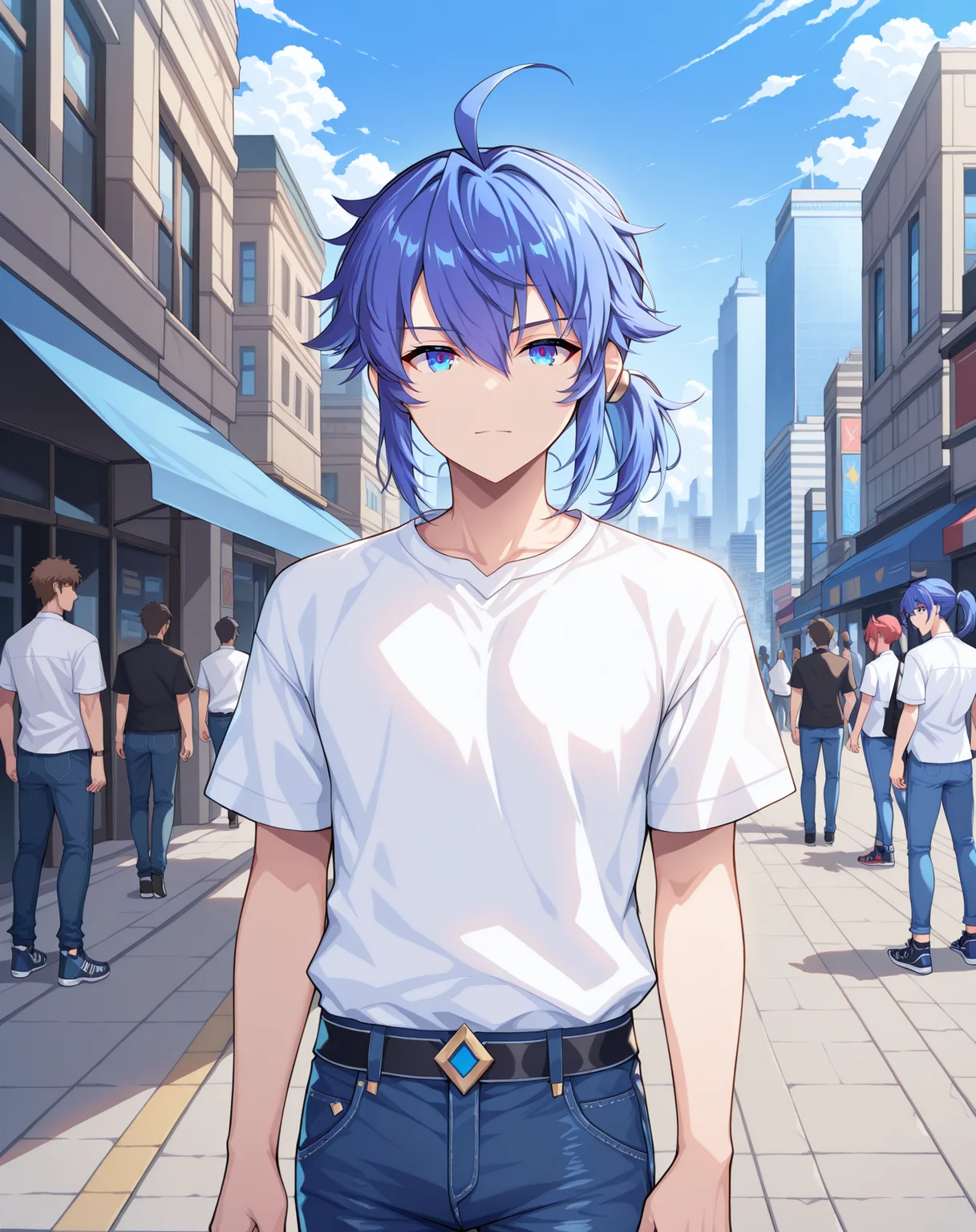 masterpiece, best quality, absurdres, very aesthetic,
1boy, solo, yaoi, male focus,
looking at viewer, cowboy shot, standing,
<lora:Ronan_Evolution_ilxl:1> ronanevolution, ponytail, blue hair, ahoge, hair between eyes, blue eyes,
white shirt, jeans, sneakers,
outdoors, day, blue sky, building, people,