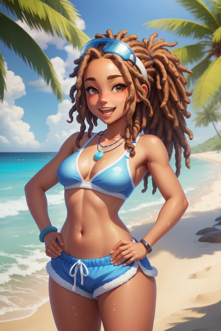 casual game art style, casual game art, mobile game art, merge 3 game art, character design, 1girl, solo, tanned skin, wet body, medium hair, brown hair, (dreadlocks:1.2), freckles, blue eyes, navel, smile, open mouth, small breasts, necklace with seashell, midriff, (white visor cap:1), blue shorts, blue swimsuit, hands on hips, cowboy shot, looking to the side, beach, sunny
