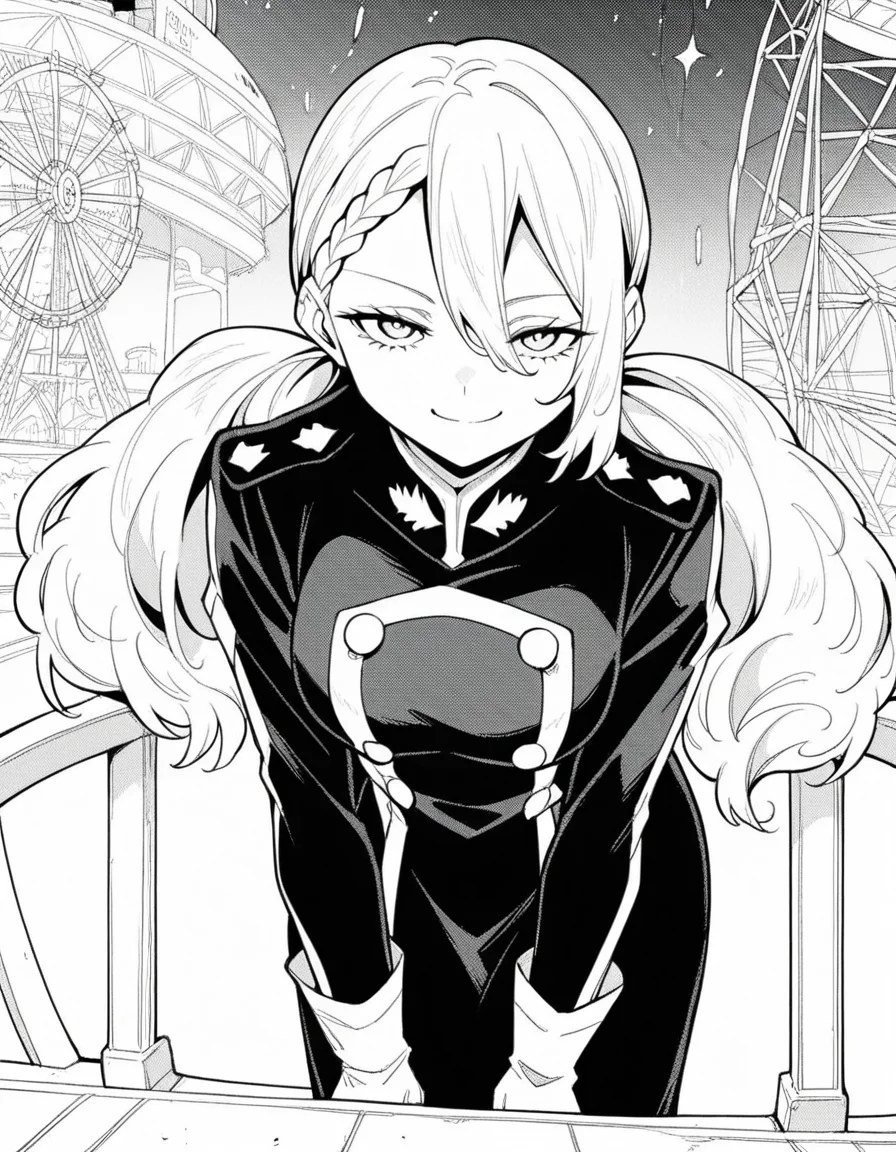score_9, score_8_up, score_7_up, source_anime, <lora:varvara-pilipenko-manga-ponyxl-lora-nochekaiser:1>, varvara pilipenko, greyscale, monochrome, long hair, hair between eyes, braid, twintails,, gloves, uniform, military, military uniform, ferris wheel, lights, high, view, rotating, smile, bent over, smug,, looking at viewer, solo,, dutch angle, cowboy shot
