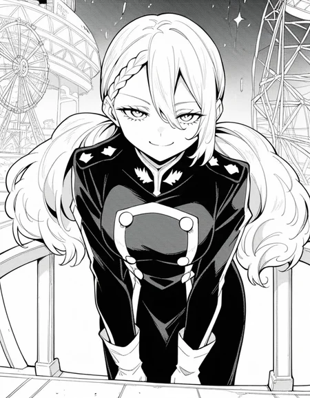 score_9, score_8_up, score_7_up, source_anime, <lora:varvara-pilipenko-manga-ponyxl-lora-nochekaiser:1>, varvara pilipenko, greyscale, monochrome, long hair, hair between eyes, braid, twintails,, gloves, uniform, military, military uniform, ferris wheel, lights, high, view, rotating, smile, bent over, smug,, looking at viewer, solo,, dutch angle, cowboy shot