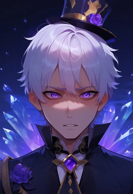 score_9, score_8_up, score_7_up, score_6_up, one anime style, boy, 20 year old, attractive, masterpiece, best quality, short white hair, purple tux with top hat, clear purple eyes, high detailed eyes, ice shards, purple glow, neutral expression