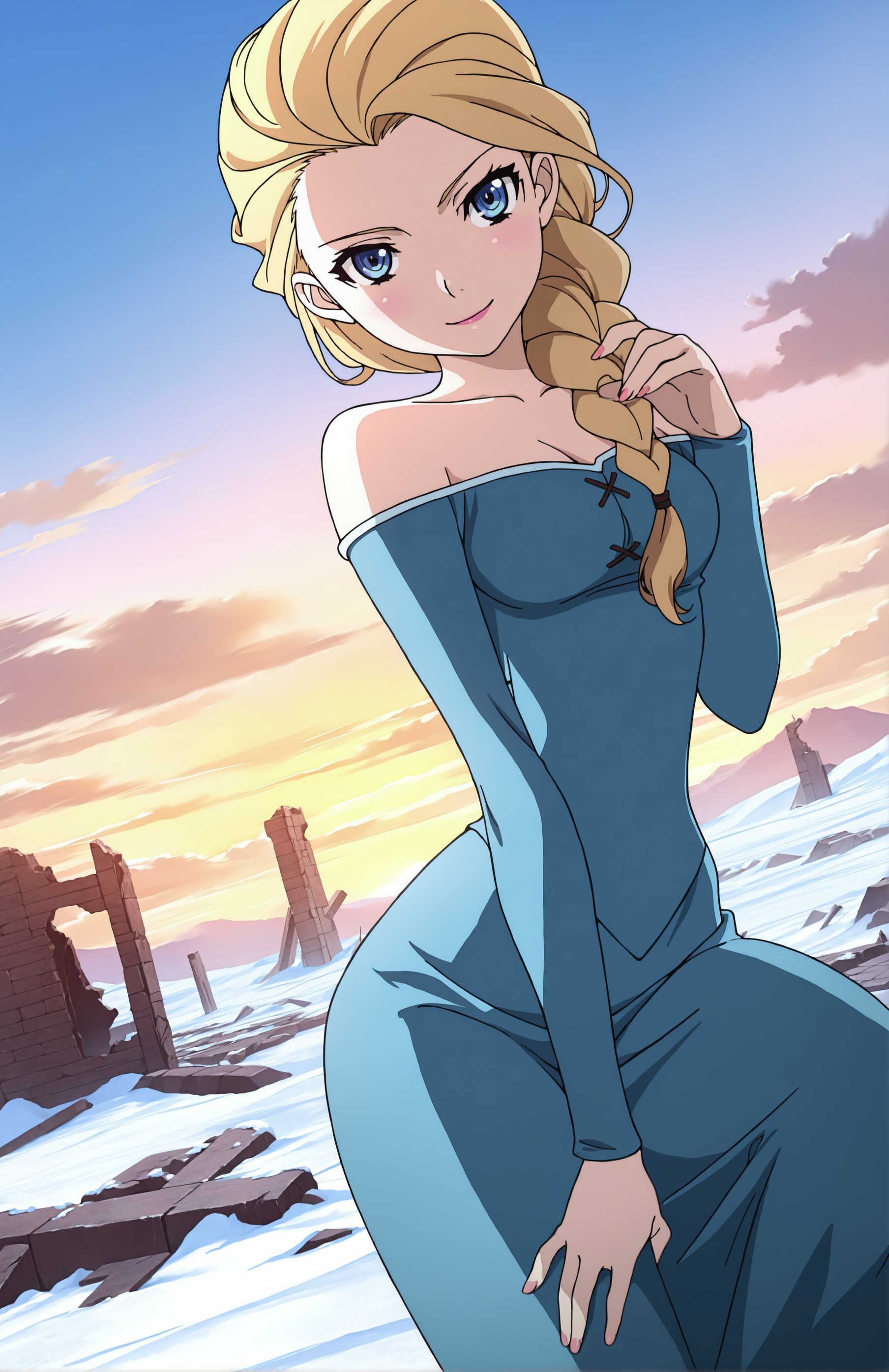 ChaikaStyle, 1girl, medium breasts, narrow waist, wide hips, blonde hair, blue eyes, single braid, hair over shoulder, blue dress, bare shoulders, long sleeves, long skirt, light smile, dutch angle, naughty pose, looking at viewer, snow, ruins, sky, clouds, daylight, portrait, dynamic pose, cowboy shot, head tilt, v, one hand on knee
