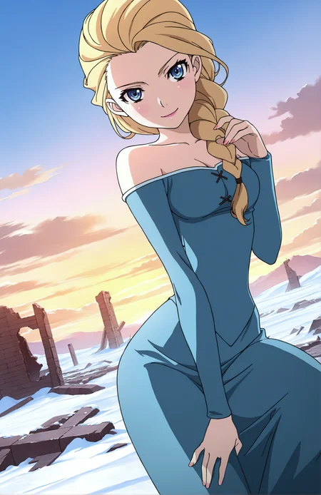 ChaikaStyle, 1girl, medium breasts, narrow waist, wide hips, blonde hair, blue eyes, single braid, hair over shoulder, blue dress, bare shoulders, long sleeves, long skirt, light smile, dutch angle, naughty pose, looking at viewer, snow, ruins, sky, clouds, daylight, portrait, dynamic pose, cowboy shot, head tilt, v, one hand on knee