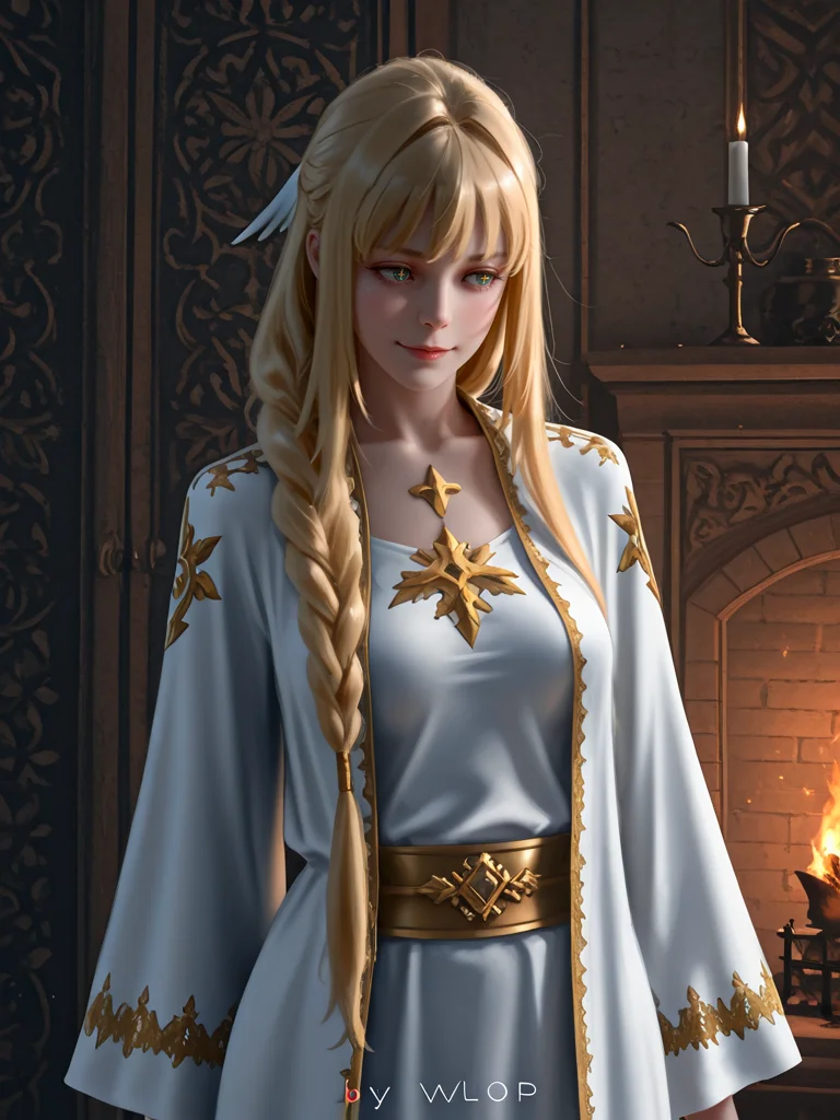 masterpiece,high quality,highres,absurdres,(<lora:Dolores Quovadis22:1>,1 girl,solo,long hair straight hair,blonde hair,thick braid,long braid,straight fringe,wing hair ornament,green eyes,cross pupils || Dolores_Quovadis_ceremonial,white ceremonial dress,long robe,gold embroidery,golden trim,wide sleeves,high waist sash),seductive smile,cute face,
fireplace warmth crackling in a hidden mountain lodge, a huntress resting with her bow at her side.,
<lora:Half_Art_Style_IL:1>,wlop,