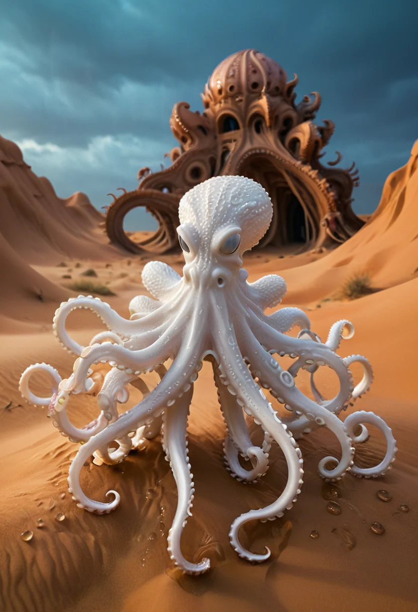 A 135mm image in a WhiteMold style, looks 3D printed in a wonderful aesthetic white, Octopus set in A mystical desert oasis hidden among towering dunes, a dynamic action pose and an traumatized expression. The scene is illuminated by deep cinematic contrast, enhancing the melancholic atmosphere. raindrops glistening under neon lights. An intricate blend of fantasy illustration and ultra-HD crispness, with hyper-detailed textures and dynamic 8K clarity. Crafted with unparalleled precision, every aspect resonates with the essence of the composition., <lora:add-detail-xl:0.5>, <lora:xl_more_art-full_v1:0.8>, <lora:3DPrintingXL:1>,