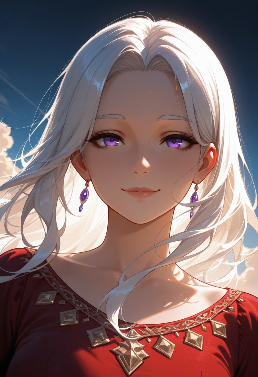 1girl, mature woman, older woman, mature, Aerea Targaryen, A song of Ice and Fire, DnD, Long Lustrious Hair, white Hair, Long white Hair, purple eyes, innocent eyes, young woman (between ages of 35-45), lovely smile, dark background, wearing a red dress, 1girl, childish features, sole girl, dynamic lighting, dynamic angle, cloud, volumetric lighting, blue sky, portrait, upper body,