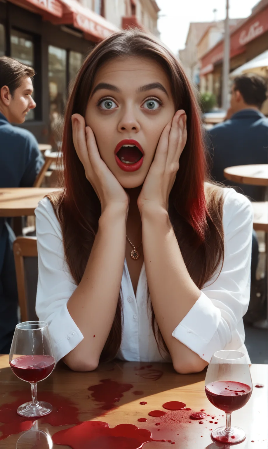 score_9, score_8_up, score_7_up, loasha
woman in a white blouse ,sitting at table. (spilled glass of red wine:1.5), in street cafe, locking ashamed with hands on face
, necklace, long brunette hair
<lora:LookingAshamedPony:1>
