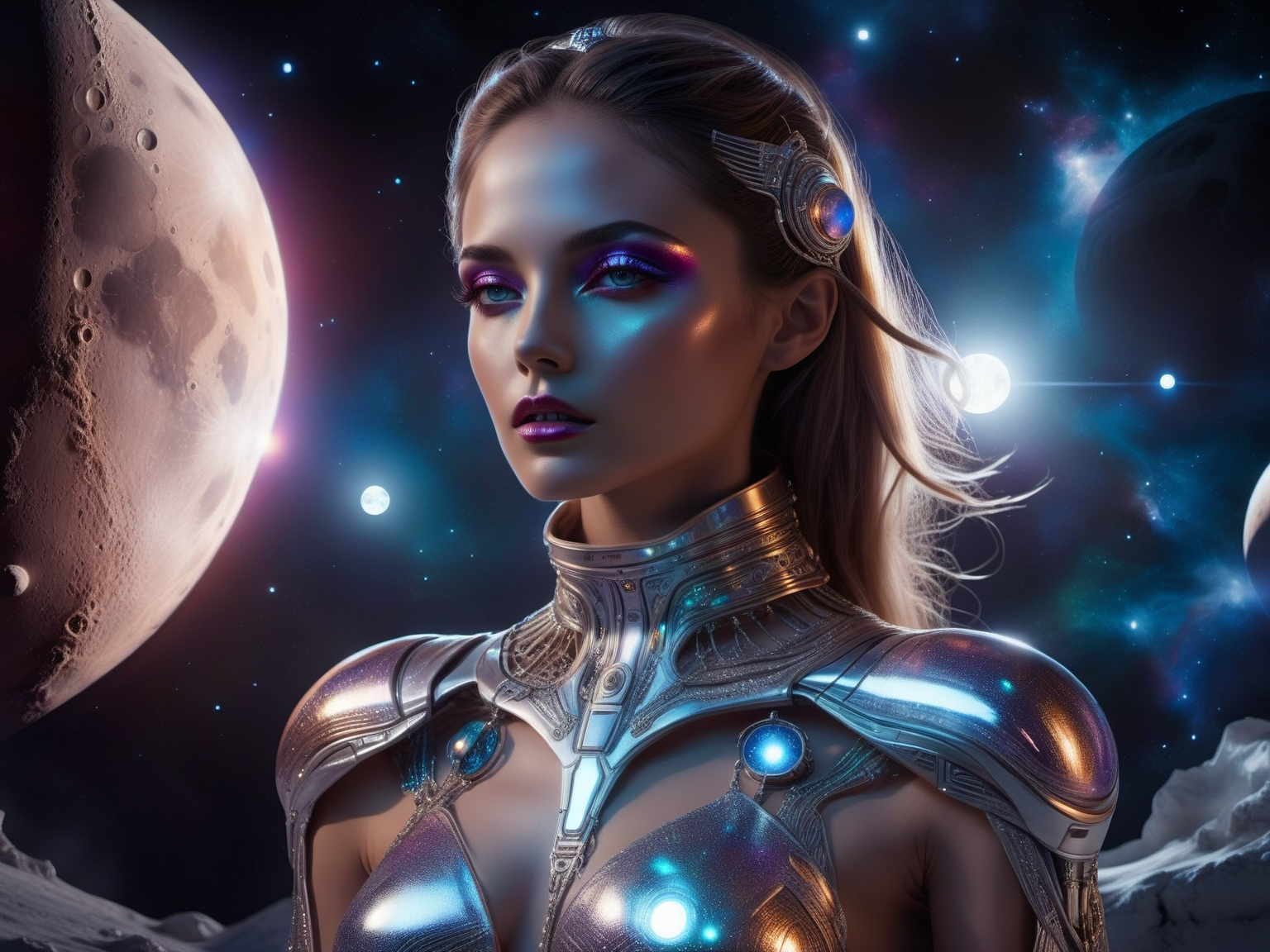 <lora:TechPunkAIv2Pruned:.9> LunarPunkAI  woman fashion  (Highly detailed, amazing fantasy setting), (Shiny Impressive lighting), (Colorful, Ultra Realistic, High quality, Highly detailed, Sharp focus, 8K UHD, Art photography), (trending on artstation)