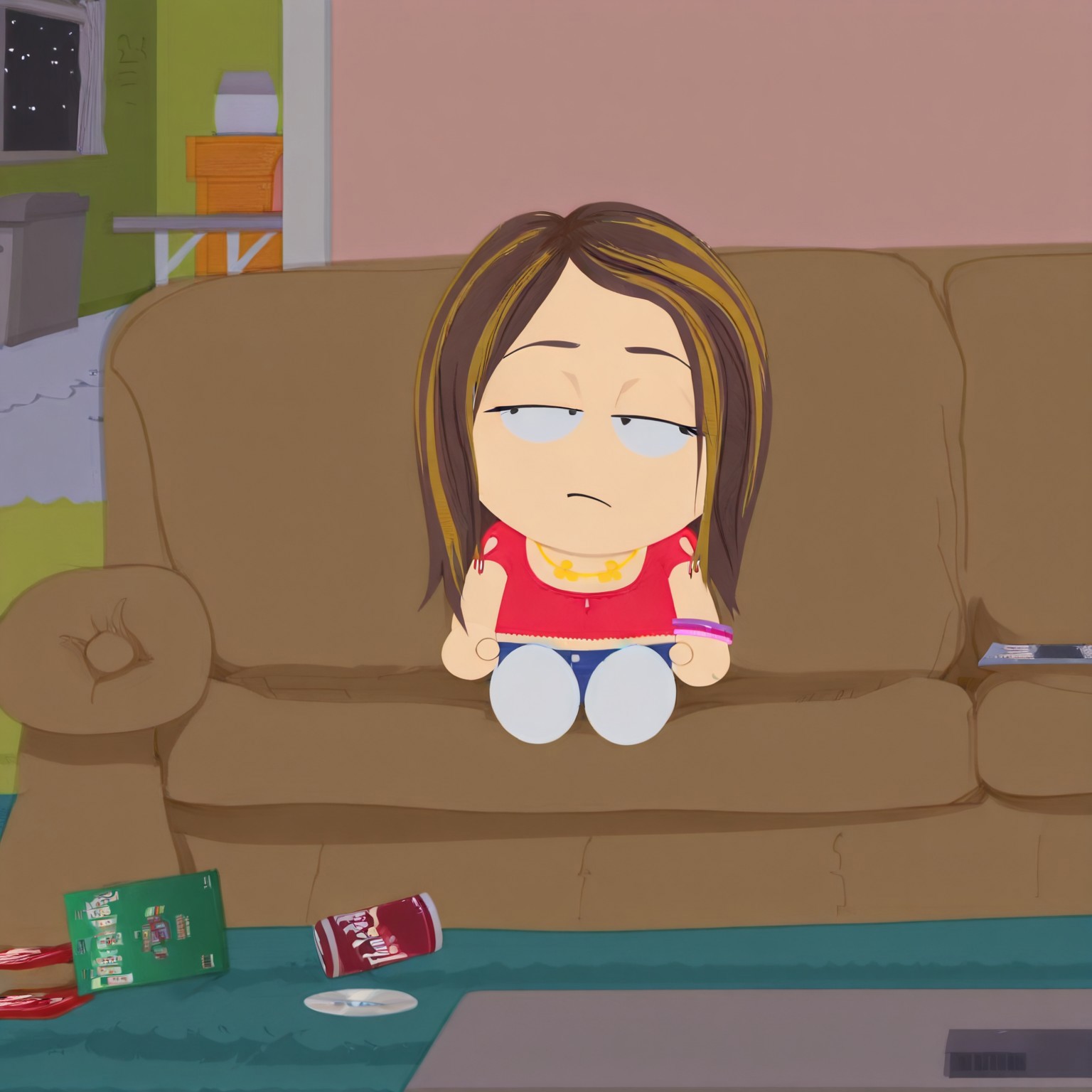 Tammy Warner, 1girl, long streaked brown hair with blonde highlights, black dot eyes, black mascara,
red crop top, blue denim shorts, golden heart necklace, pink and purple bracelet. wears dark blue shoes, white socks with light blue stripes
couch, living room, bored