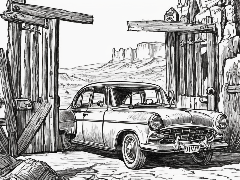 lineart, vintage car with open door at gates on wild west, <lora:Line-illustration:0.8>