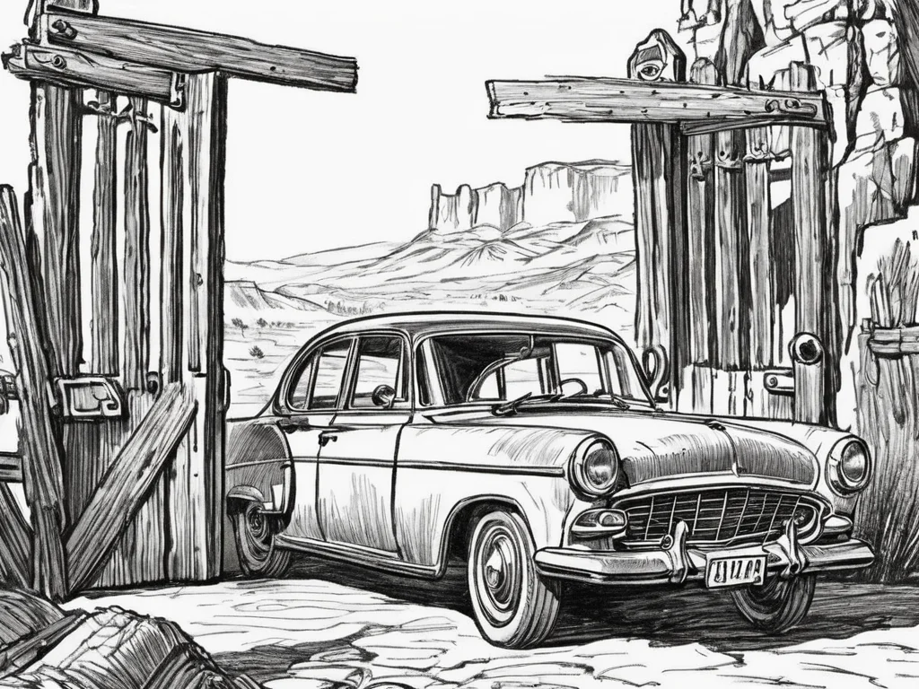 lineart, vintage car with open door at gates on wild west, <lora:Line-illustration:0.8>