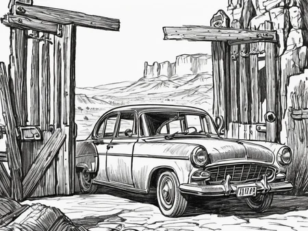 lineart, vintage car with open door at gates on wild west, <lora:Line-illustration:0.8>