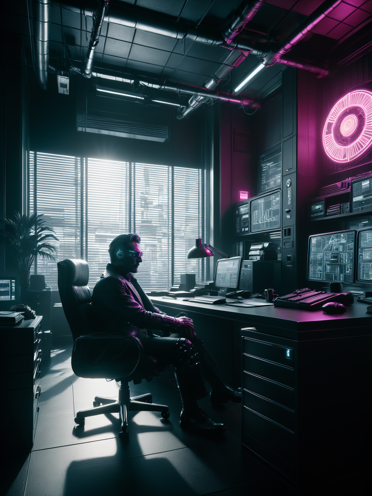 man in office sitting at a dsk, cyberpunk, noir, 1940s <lora:Neon_Noir_SDXL:0.8> mad-neon-noir, masterpiece, best quality, ultra high res, (photorealistic, realistic:1.2), deep shadow, raw photo, film grain, Fujifilm XT3, 8k uhd, dslr