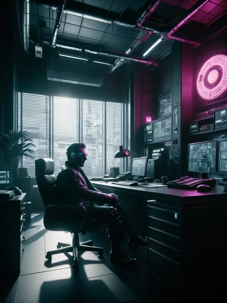 man in office sitting at a dsk, cyberpunk, noir, 1940s <lora:Neon_Noir_SDXL:0.8> mad-neon-noir, masterpiece, best quality, ultra high res, (photorealistic, realistic:1.2), deep shadow, raw photo, film grain, Fujifilm XT3, 8k uhd, dslr