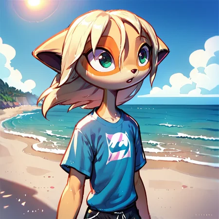 <lora:Paige_v2_r1:0.8>,
score_9,score_8_up,score_7_up,paige,
1girl,solo,furry,beach,shirt,sun,hot weather,sea,outside,shore,