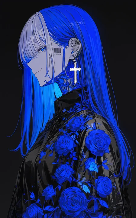 XUER guangying,1girl,solo,long hair,looking at viewer,smile,bangs,blue eyes,simple background,jewelry,closed mouth,blue hair,upper body,flower,multicolored hair,earrings,from side,profile,rose,piercing,cross,black background,ear piercing,blue flower,blue theme,colored inner hair,sideways glance,blue rose,cross earrings,barcode,
<lora:绪儿 光影滤镜 XUER guangying:0.8>,
highly detailed,ultra-high resolution,32K UHD,sharp focus,best-quality,masterpiece,Emotionalization,with a high-end texture,