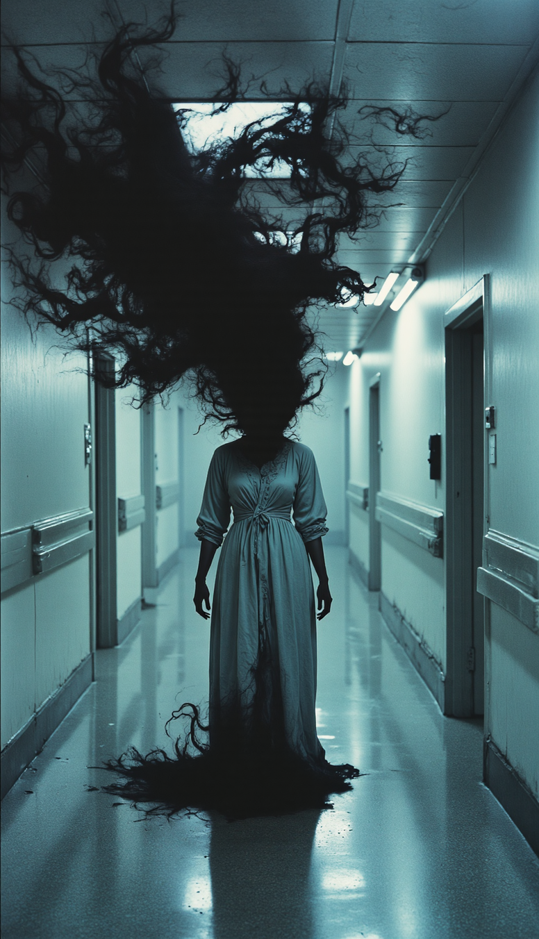 A surreal medium-shot portrait of an otherworldly figure, facing directly toward the camera, standing in the center of a sterile hospital corridor. Her body is engulfed in swirling, soot-like tendrils and hair-like black masses that envelop her form, creating a dark, amorphous shroud, with no discernible face, her entire figure rendered in a deep, matte black. She wears a tattered white hospital gown, fully covering her body, now stained and obscured by the black tendrils. The dark masses extend upward, merging with the fluorescent ceiling lights, casting eerie, jagged shadows across the cold, white walls of the corridor. The scene is illuminated with harsh, cold fluorescent lighting from the ceiling, creating a stark, clinical atmosphere with a haunting, surreal aesthetic. The air feels heavy with an unsettling silence, broken only by the faint hum of the lights. The portrait is captured with a Leica M11 and 50mm Summilux-M f/1.4 lens at f/2.8, using a shallow depth of field to emphasize the intricate textures of the soot-like tendrils, gown, and corridor walls. The background is a gradient of pale blues and grays, enhancing the chilling, cinematic mood, ultra high resolution, 8K, RAW photo, dramatic angle, rich texture details, epic lighting. <lora:KB_Kentmere400_FLUX:0.05> <lora:sxz-Vintage-Fantasy-Flux_DVD:0.35> <lora:soaked_brand_pfeffi_KB_FLUX:0.04> <lora:GORv2_GODDESS_of_Realism_v2_v1.0:0.6> <lora:wasted_films_flux_effect_texture:0.25> <lora:70s_Horror_Movie_(SD1,_SDXL,_Pony,_Flux):0.9>