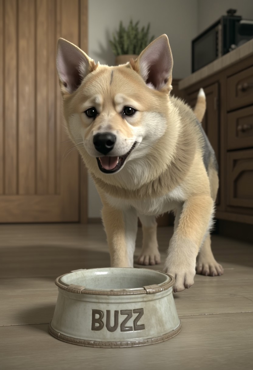 a little dog, expect, an empty bowl in front of the dog on the ground that the text reads "BUZZ",at home,