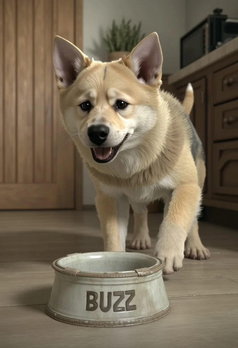 a little dog, expect, an empty bowl in front of the dog on the ground that the text reads "BUZZ",at home,