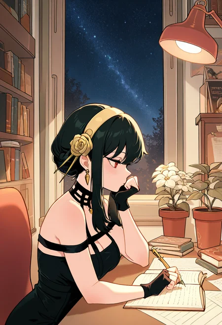 masterpiece, best quality, medium breasts, (curvy), BREAK, Yor Briar, Yor Forger, 1girl, black hair, red eyes, short hair with long locks, gold hairband, hair flower, black choker, black dress, sleeveless, off shoulder, floral print, fingerless gloves,zzLofi, sitting, side view, desk, chair, book, bookshelf, head rest, holding, holding pen, lamp, night, open book, pen, plant, potted plant, sky, star (sky), starry sky, window, windowsill, writing, , <lora:LofiGirl_Style_IXL:1.0>,