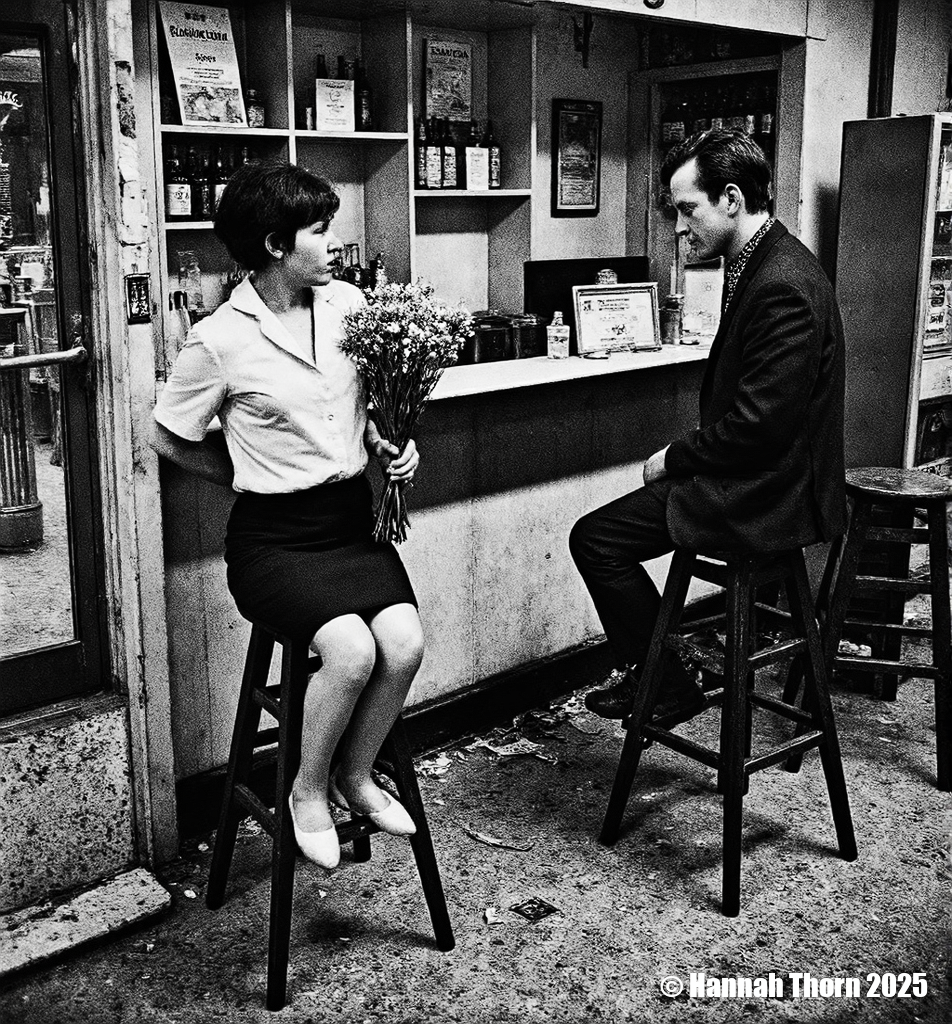 A black and white photograph from the side, taken in an indoor location, depicting a casual scene of two people sitting at a counter in a bar. a woman with short hair, wearing a white blouse and a black skirt, sitting on a stool in the middle of the image, holding a bouquet of flowers in her hand. she appears to be in her mid-twenties, with a slim body and a serious expression. to her right, a man with short, dark hair is seated on a wooden stool, facing away from the camera, with his upper body visible. he is wearing a black suit and a patterned shirt, and is looking at the woman with a contemplative expression. the bar is cluttered with various items, including bottles and a vending machine, and the floor is covered in crumpled paper. the image has a vintage feel to it, with muted colors and a slightly blurred background.<lora:_Flux\Anders_Petersen.safetensors:0.9:0.9>
