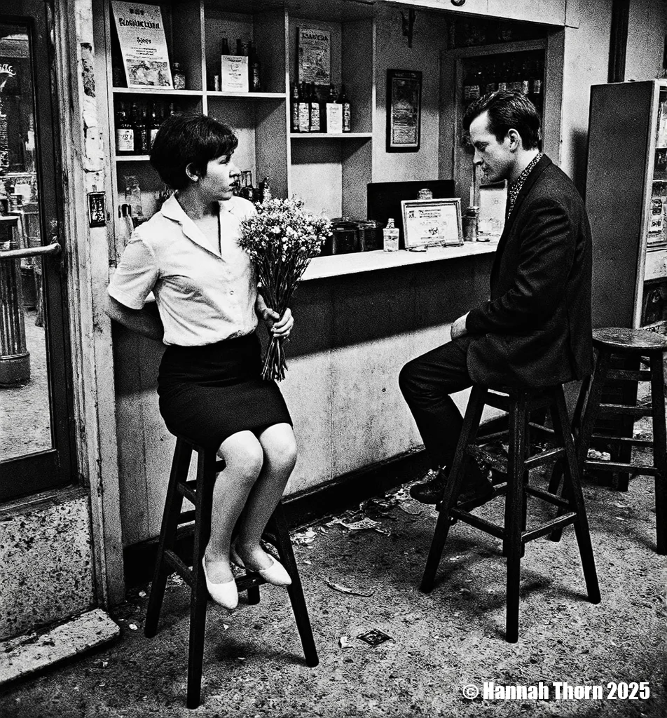 A black and white photograph from the side, taken in an indoor location, depicting a casual scene of two people sitting at a counter in a bar. a woman with short hair, wearing a white blouse and a black skirt, sitting on a stool in the middle of the image, holding a bouquet of flowers in her hand. she appears to be in her mid-twenties, with a slim body and a serious expression. to her right, a man with short, dark hair is seated on a wooden stool, facing away from the camera, with his upper body visible. he is wearing a black suit and a patterned shirt, and is looking at the woman with a contemplative expression. the bar is cluttered with various items, including bottles and a vending machine, and the floor is covered in crumpled paper. the image has a vintage feel to it, with muted colors and a slightly blurred background.<lora:_Flux\Anders_Petersen.safetensors:0.9:0.9>