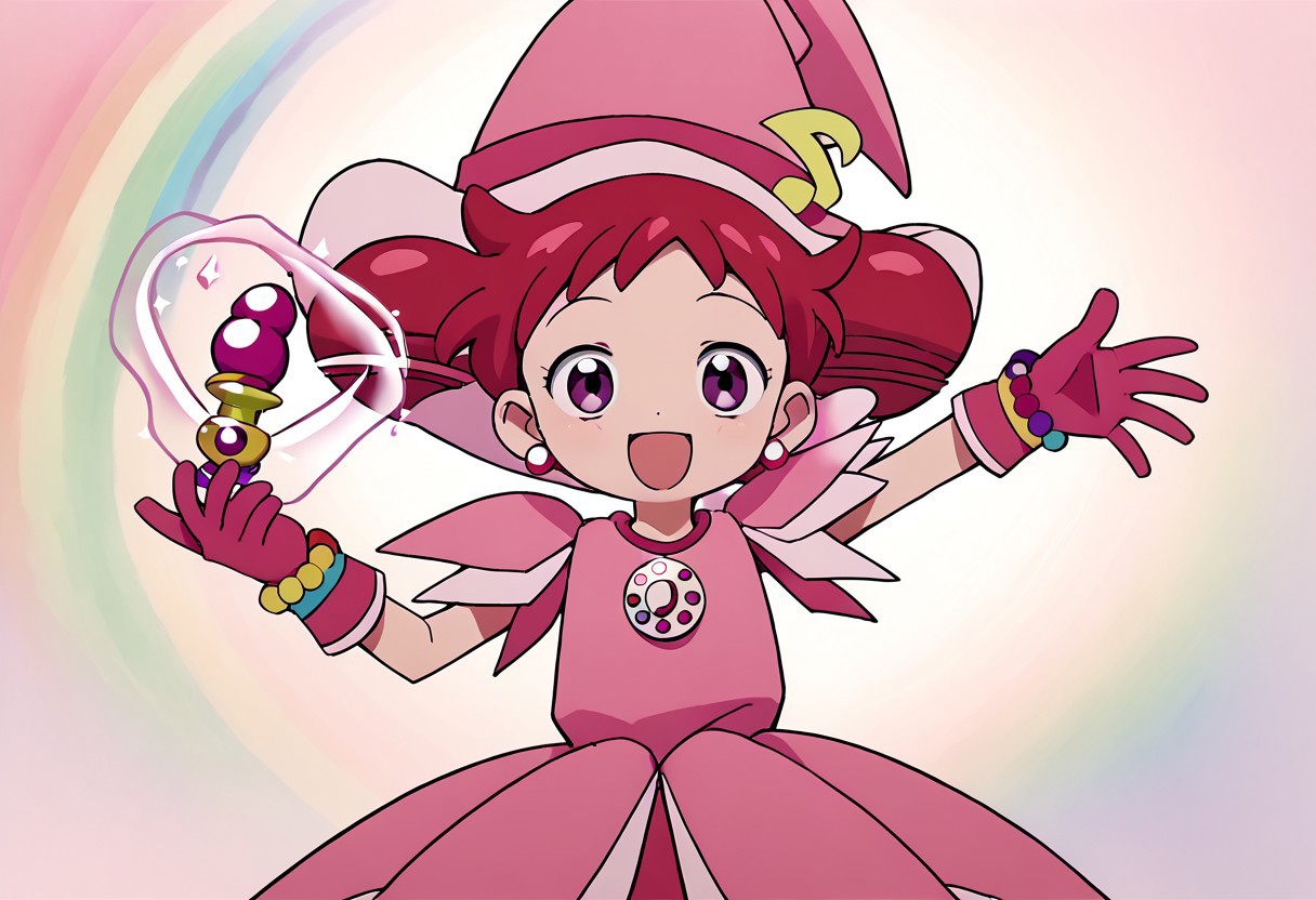 score_9, score_8_up, score_7_up BREAK Doremi2, 1girl, short red hair, purple eyes, fuchsia pearl earrings, odango pigtails, pink witch hat, fuchsia hat band with yellow musical note, layered short-sleeve pink dress, rainbow pearl circle chest badge, fuchsia gloves, rainbow pearl wristband, cowboy shot, magic spell, happy,