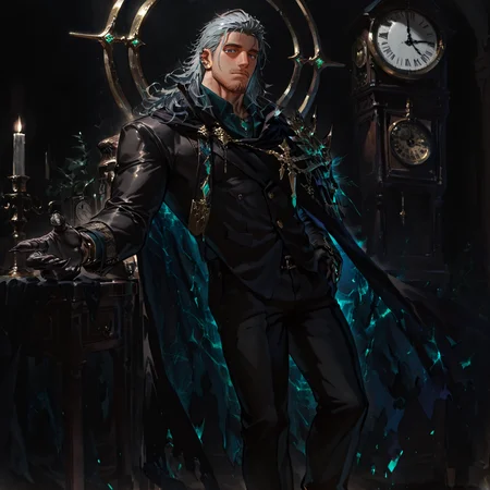 <lora:Quence__Alchemist_Code-000004:.7>, tagatamequence, quence_grey hair, quence_green eyes, 1boy, long hair, solo, male focus, manly, bishounen, muscular male, clock, cape, collared shirt, jewelry, earclip, long sleeves, gloves, claws, pants, shoes,
(very short hair), male focus, muscular male, bara, mature, (hairy body, hairy, body hair, hairy body, glossy skin, bara, mature, facial hair, beard, full beard, sideburn, mustache, stubble), facial hair, bara, mature, body hair, aixiwuganda_(20222192), very awa, masterpiece, best quality, absurdres, newest, perfect quality, detailed background, intricate details,<lora:slider_Body Type_alpha1.0_rank4_noxattn_last:1><lora:Anime Summer Days 2 Style SDXL_LoRA_Pony Diffusion V6 XL:.6><lora:merged:.7>, DARK, DARK BACKGROUND, LOW-KEY LIGHTING <lora:slider_cfg_scale_boost:.7><lora:Artist6p:.55>, Artist6p, Artist04p,<lora:slider_il_brightness_slider_d1:-.3><lora:slider_il_contrast_slider_d1:-.25>,<lora:slider_contract_controller_illus01_v1:.3>, <lora:addon_illustriousXLv01_stabilizer_v1.121:.5>,<lora:slider_DarkSlider1.2_alpha1.0_rank16_full_300steps:-.1><lora:Heavenly_Beauty_r1:1>, (heavenlybeauty,)<lora:slider_style_strength_controller_illus01_v1:.25><lora:slider_longlegs-slider-illu-v1:10>