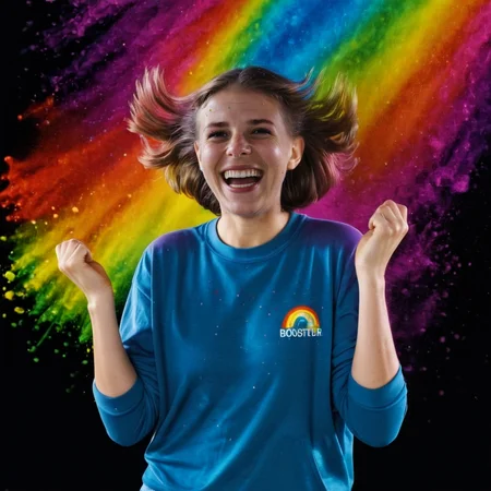 portrait of millie with boisterous laughter in __clothes-casual__, rainbow splash, dark background <lora:colorSplash:1> . 35mm photograph, film, bokeh, professional, shot by vanessa winship, 4k, highly detailed