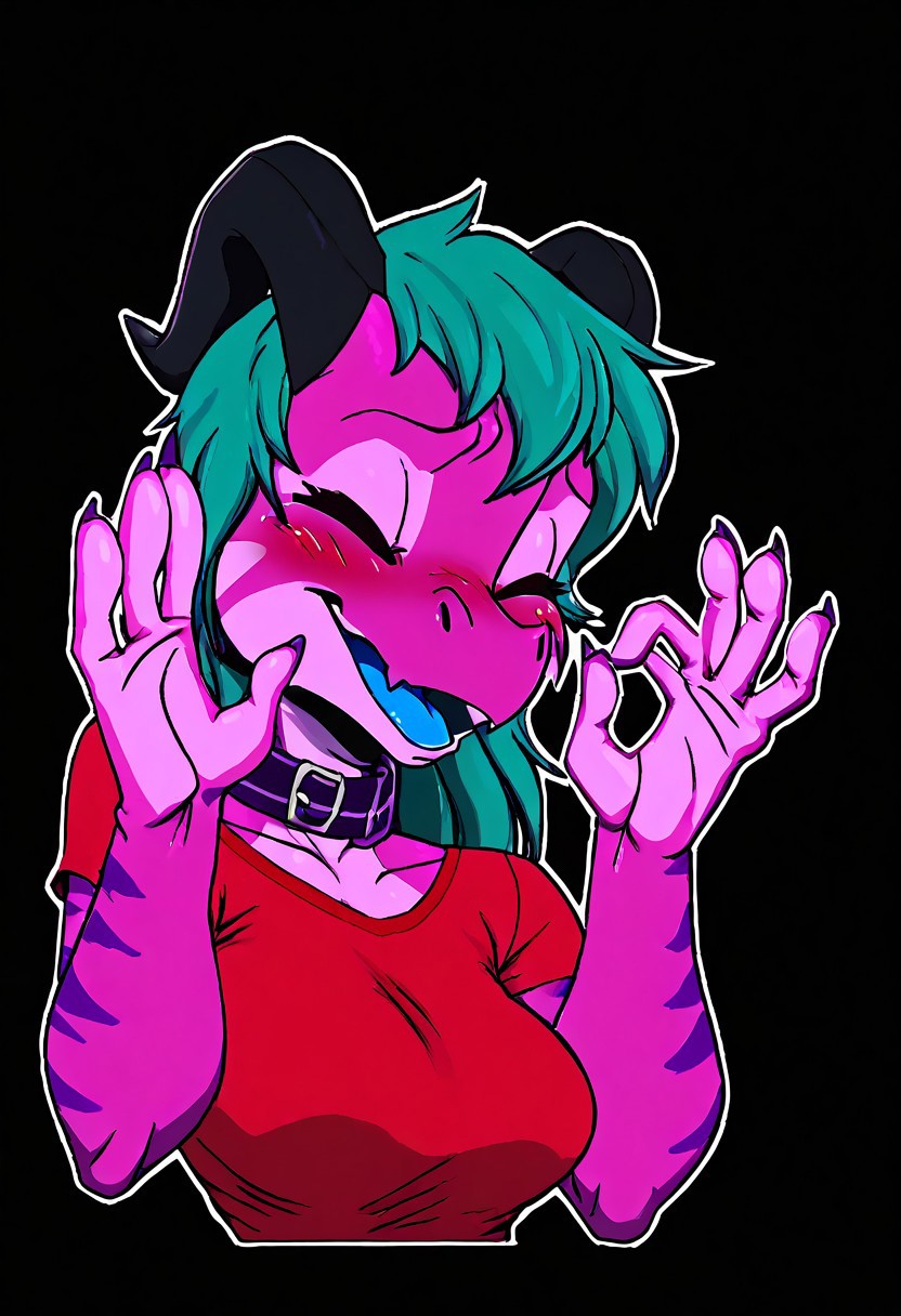 a furry sticker of, white outline:1.4, simple background, by incase, score_9, score_8_up, score_7_up, score_6_up, score_5_up, best quality, highly detailed, intricate details, extremely detailed, masterpiece, 4k, fine details, subtle soft details, futanari, ((Kobold)), ((pink scales:1.4)), split complimentary color scheme, ((purple stripes)), ((black sclera)), ((glowing orange eyes, orange iris, black pupils, split pupils)), (long eastern dragon tail), ((brown ram horns)), ((long teal hair:1.4)), ((purple slave collar)), ((black lipstick)), black eyeliner, plump, cute, medium breasts, cleavage, curvy, red long gloves, large iris, smiling, 1girl, solo, solid bright green background, looking at viewer, (bust shot), red tshirt, red t-shirt, side view, eyes partially closed, deep blush, embarrassed, light blue tongue, half closed eyes, emote, pachameme, hands up, ok sign, closed eyes