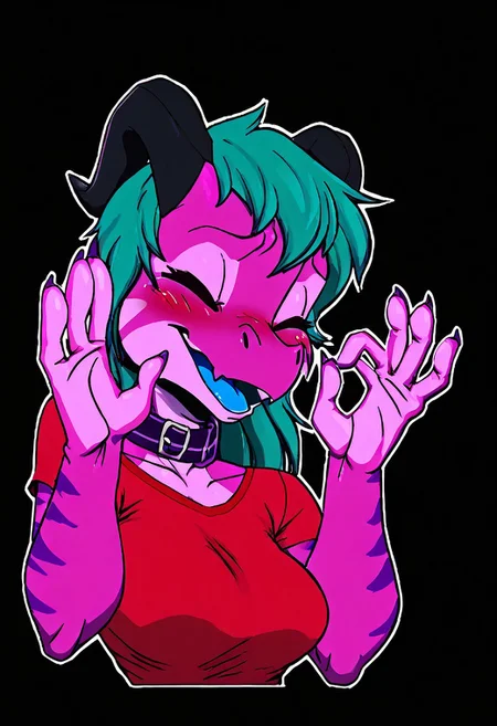 a furry sticker of, white outline:1.4, simple background, by incase, score_9, score_8_up, score_7_up, score_6_up, score_5_up, best quality, highly detailed, intricate details, extremely detailed, masterpiece, 4k, fine details, subtle soft details, futanari, ((Kobold)), ((pink scales:1.4)), split complimentary color scheme, ((purple stripes)), ((black sclera)), ((glowing orange eyes, orange iris, black pupils, split pupils)), (long eastern dragon tail), ((brown ram horns)), ((long teal hair:1.4)), ((purple slave collar)), ((black lipstick)), black eyeliner, plump, cute, medium breasts, cleavage, curvy, red long gloves, large iris, smiling, 1girl, solo, solid bright green background, looking at viewer, (bust shot), red tshirt, red t-shirt, side view, eyes partially closed, deep blush, embarrassed, light blue tongue, half closed eyes, emote, pachameme, hands up, ok sign, closed eyes