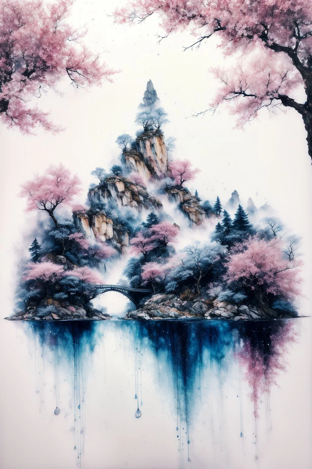 bl@ckp1nk butterfly, white background, dripping paint <lora:inklora:1> ink, scenery, water, tree, splash, mountain, <lora:add_detail:0.5> <lora:boldline:0.2>