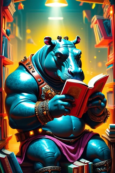 Detailed digital illustration of an anthro Hippopotamus (Reading a book, absorbed in intellect) at a Virtual reality arcade with immersive simulations, <lora:xl_more_art-full_v1:0.5>,  <lora:anthro_muscular:0.7>,  <lora:MJ52:0.6>, <lora:madpunk:0.4> madpunk