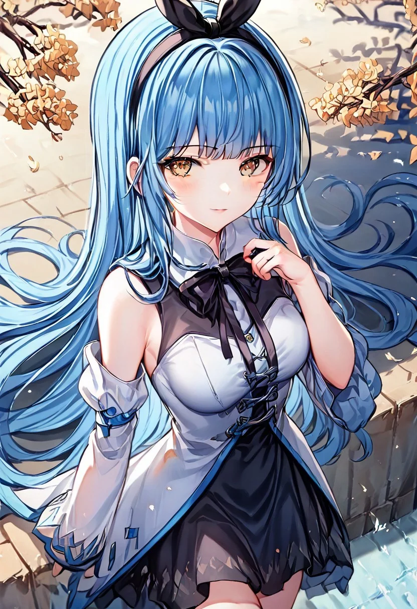 1girl, Arch Mage, Main Dress, Long Blue Hair, Black Bunny Ears Headband, looking at viewer, close up, from above, cowboy shot, outdoor background, By bad artist, easynegative, verybadimagenegative_v1.3, eye catching, drab