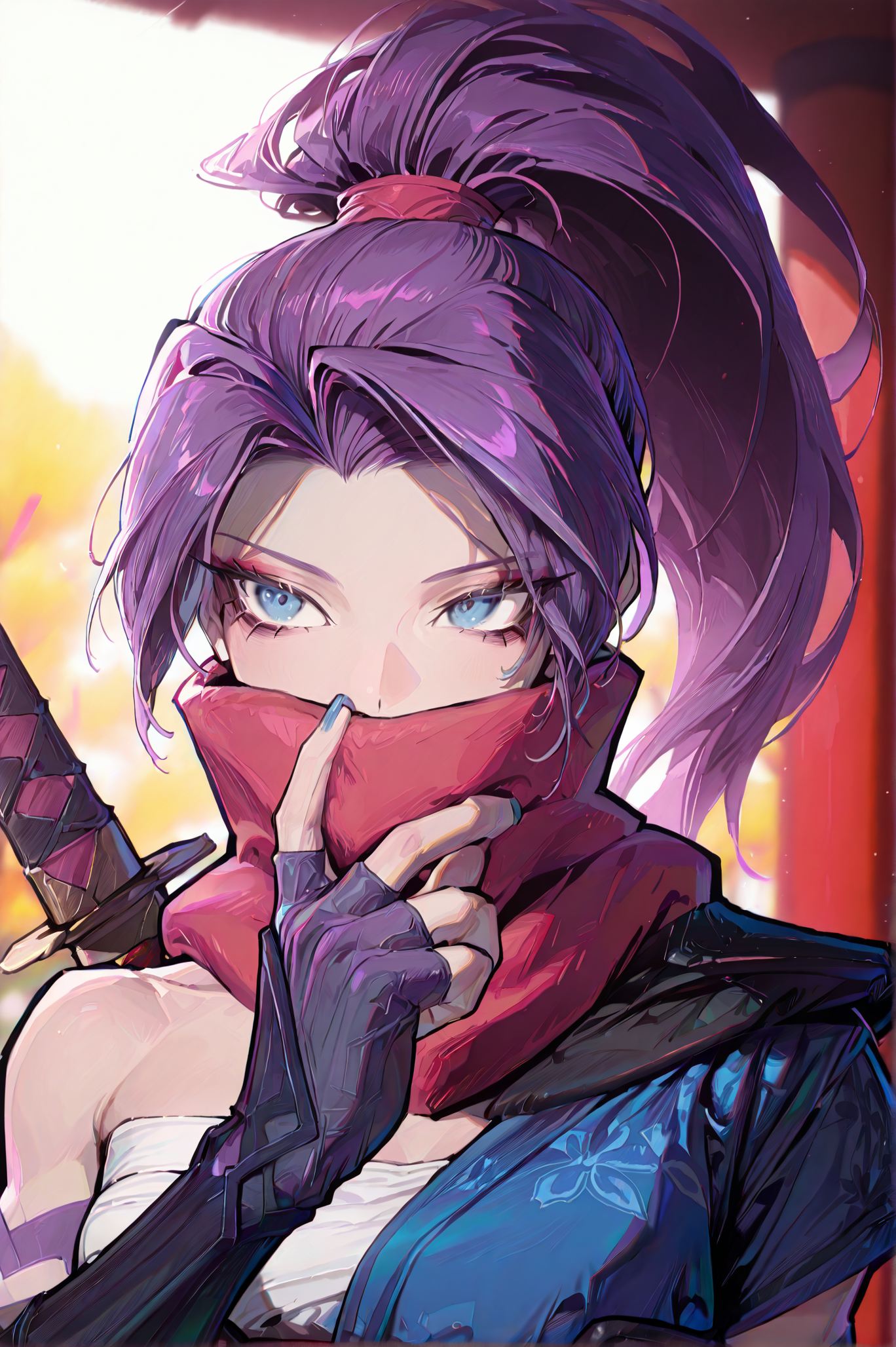 1girl, solo, (portrait:1.5), 30y, <lora:Psylockev1_Illu_Dwnsty:1> psylocke_mvr, blue eyes, purple hair, high ponytail, parted bangs, long hair, red scarf, scarf over mouth, japanese clothes, chest sarashi, kimono, sash, red belt, obi, single shoulder pad, fingerless gloves, arm guards, nail polish, blue nails, black footwear, blue thighhighs, sheath, weapon on back, blurry background, <lora:cgel-style-richy-v1_ixl:1>, <lora:princess_xl_v2:1>, <lora:illustrious_noobai_epsilon_pred_11_very_aesthetic_v1:1> masterpiece, best quality, very aesthetic, absurdres, <lora:illustrious_noobai_epsilon_pred_1_best_quality_v1:0.8> masterpiece, best quality, very aesthetic, absurdres, masterpiece, best quality, amazing quality, very aesthetic, absurdres, ultra-detailed, newest
