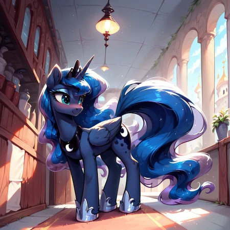 masterpiece, score_9, score_8_up, score_7_up, (best quality:1.1), ultra-detailed, high resolution, 1 girl, solo, pony, alicorn, highly detailed macro illustration, Princess Luna smiling, blushing, Princess Luna, feral, female, mare, cute, long eyelashes, (indoors), (((beautiful detailed eyes))), Long eyelashes, fluffy, ear fluff, long eyelashes, (cornering), taking cover, spying, marble wall, Highly Visible, (((8k))), sharp focus, perfect lighting, anatomically correct, extremely detailed, shine on body, (Canterlot Interior), high detail, cute face, Expressiveh, detailed background, OverallDetail, zPDXL2, <lora:Corneringv1:0.8>