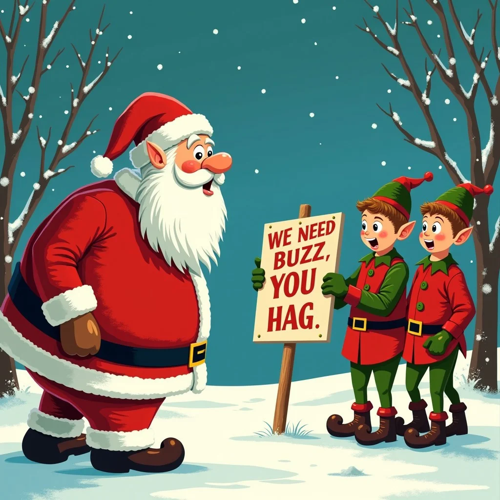 surprised santa claus looking at christmas elfs who are are putting up a sign saying "we need buzz, you hag", in a 80's comercial art-style