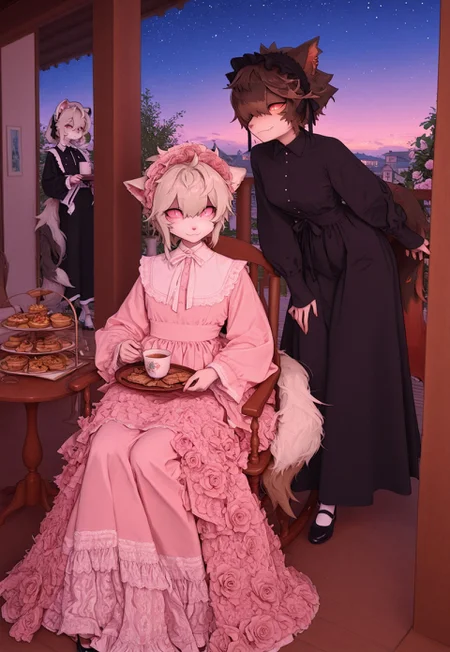 aakkuroyuki, masterpiece, best quality, very aesthetic, absurdres, highres, 2females, duo, monster girls, {{ferret girl:0.8}}, {{rose girl}}, {{rose petal hair}}, {{anthro hybrid}}, {{ferret ears:0.3}}, (snout), {{white fur}}, long fluffy tail, {{ferret girl}}, {{pink sclera}}, japanese-idol-outfit, rose dress, pink dress, natural, garden, manor, springtime, {{sitting}}, leaning back, rocking chair, relaxed, calm, kuudere, fang, kind eyes, {{facing viewer}}, {{legs crossed}}, {{holding tea mug}}, curled tail, pastries, snack tray, side table, 1female, {{traditional maid}}, headdress, black dress, long skirt, mary janes, leaning over, smile, service, {{pouring tea for master}} {{pink make up}}, multiple girls, 2girls, {{master and servant}}, {{flower garden}}, twilight, starry sky, porch, {{background abstract roses}}, 1600's fashion, soft pink glowneon, scenic view, cinematic lighting,close up, face focus, {{psychedelic realm:1.1}}, {{wonderland:0.6}}, soft colored pallete, meticulously detailed image