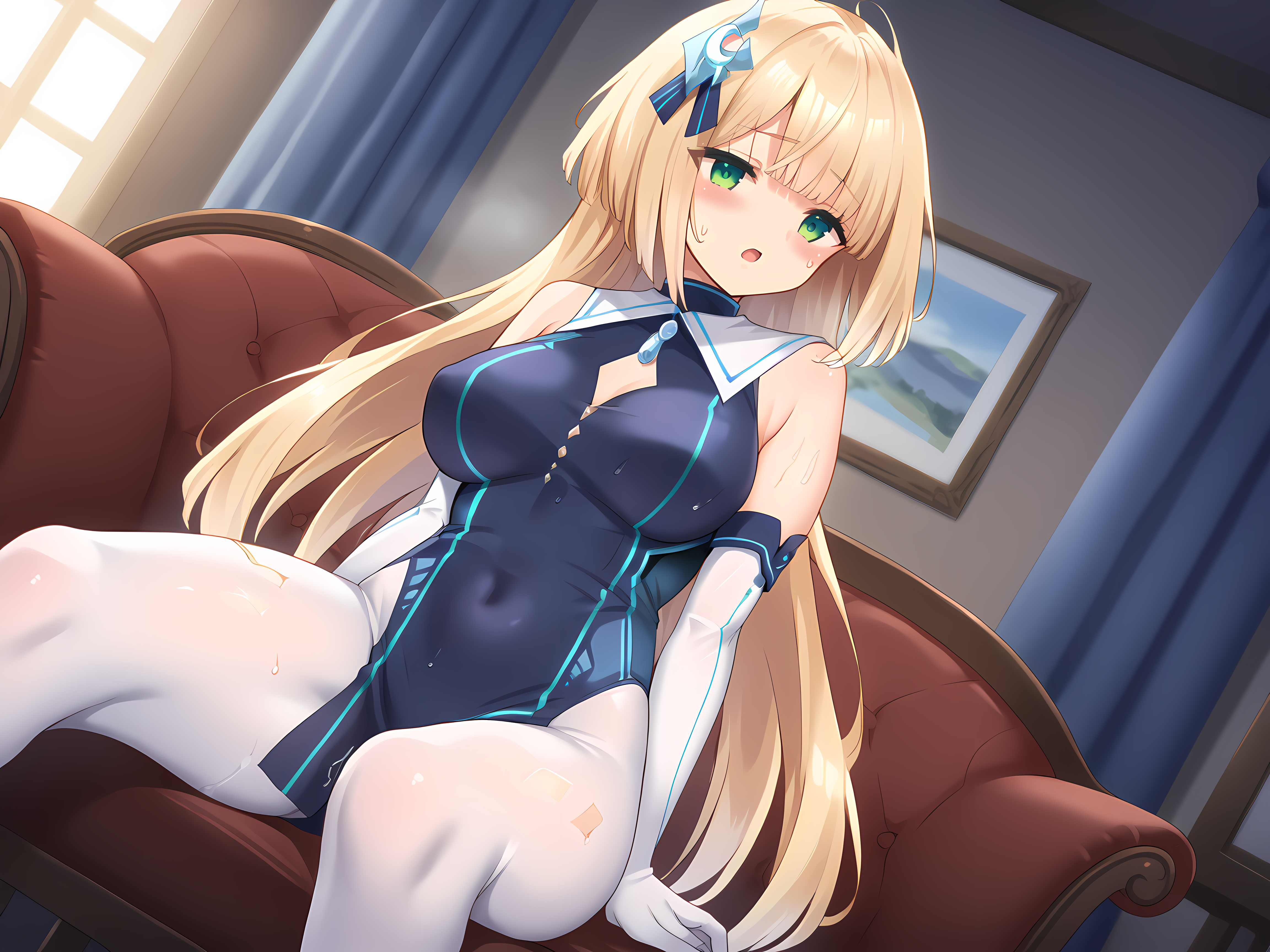 shimo,selenoxia,blonde hair,long hair,green eyes, large breasts,blush,sweat,<lora:Selenoxia_-_Shizuha_-_Shimobashira_Workshop>,open mouth,indoors,room,elbow gloves, sitting,, score_9, score_8_up, score_7_up,source_anime,(masterpiece),(best quality),(ultra-detailed),(best illustration),(best shadow),(absurdres),(detailed background),(very aesthetic),source_anime