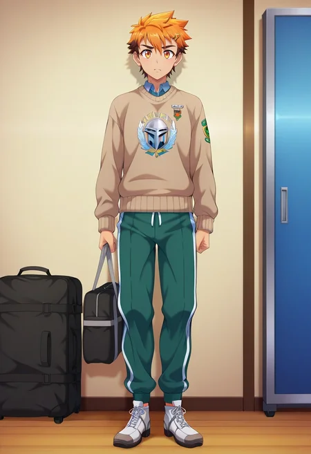 masterpiece, best quality, intricate details, anime screencap, anime coloring, , looking at viewer, , 1boy, solo, male focus, <lora:hiro_akiba_ilxl:0.9>, hiro_akiba, orange hair, orange eyes, short hair, multicolored hair, brown hair, uniform, , Track pants, Silk Gray Sweater, Wingtip shoes, Viking helmet, Travel Bag