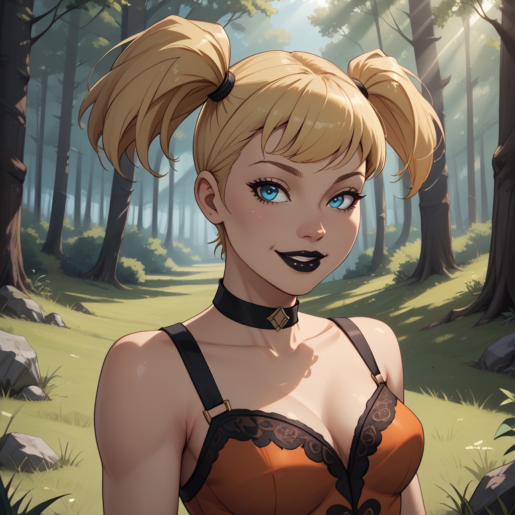 score_9, score_8, BREAK, Harleybtas,1girl,solo,twintails,short hair,blonde hair,blue eyes,choker,black lips,medium breasts, sexy pose, self portrait, smile, outdoors, sunlight, shadows, evening lighting, natural lighting, forest, trees, grass, orange sky, sunset